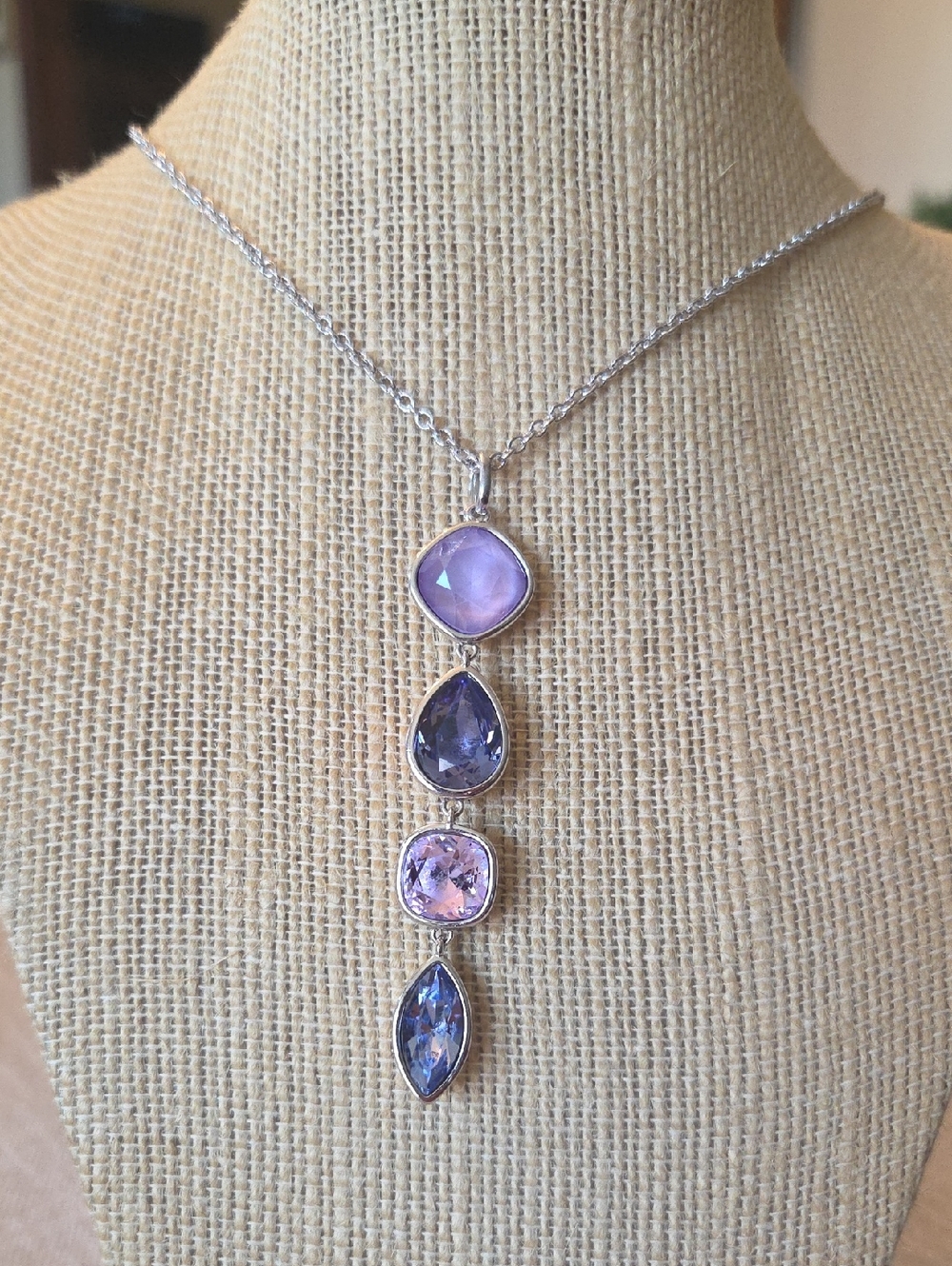 TOUCHSTONE CRYSTAL Silver Purple Gemstone Drop Necklace. 32" W/3" Extender Chain